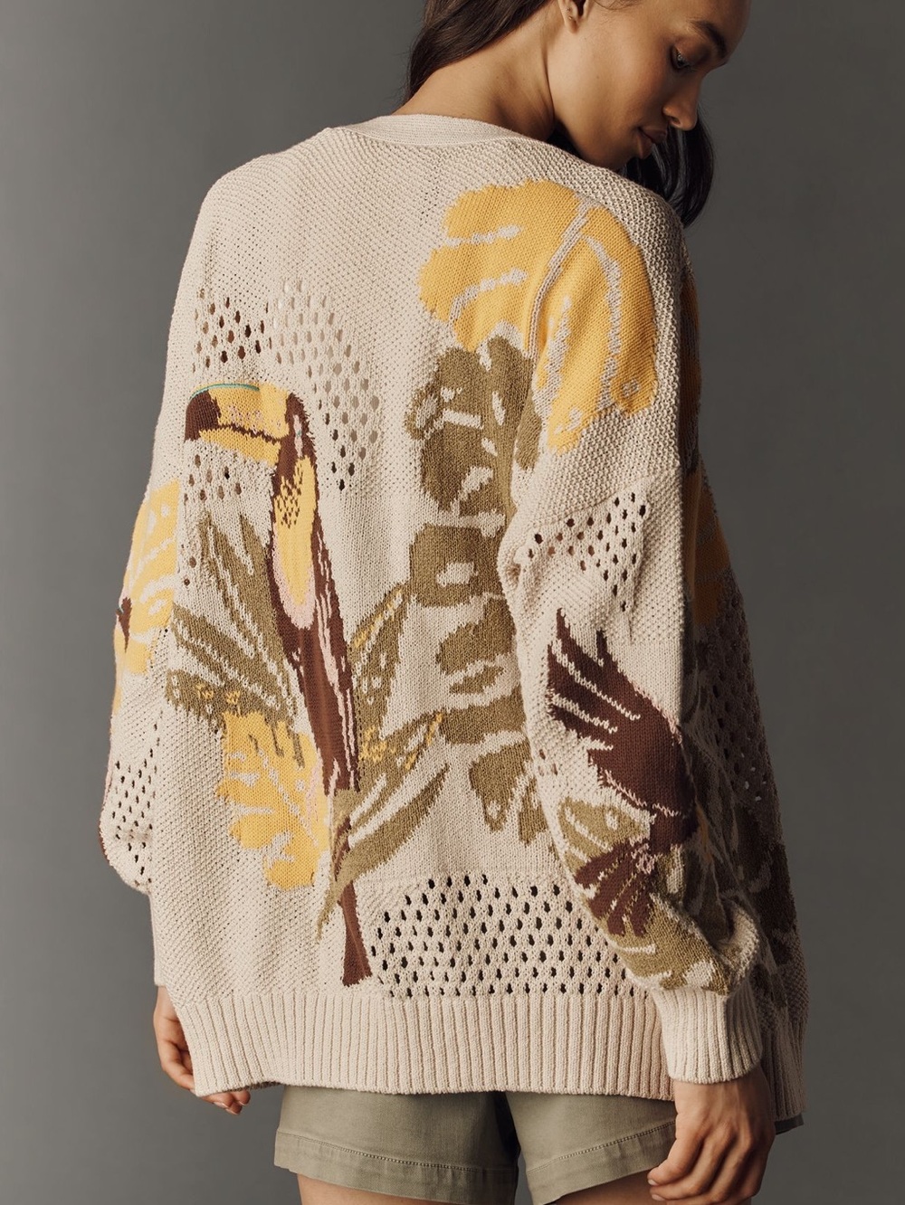 Anthropologie Toucan Cardigan Sweater Open Knit Long Sleeve New Medium Tropical